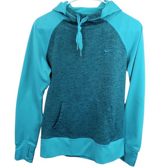NIKE Women's Therma Fit Hoodie Medium Turquoise Blue Kangaroo Pocket Sweatshirt - Picture 1 of 7
